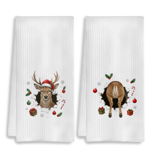Christmas Reindeer Kitchen Dish Towels Set of 2 I- Christmas Towels 16x24 Inches