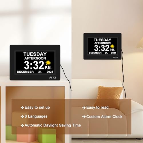 7-Inch Digital Day Calendar Clock - Auto-Dimmable Display with 12 Alarms