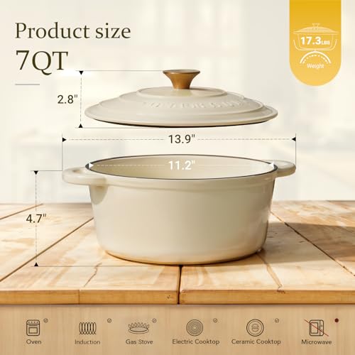 Enameled Cast Iron Dutch Oven with Lid - 7QT Heavy Duty Pot, Cream White