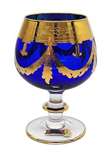 Blue Cognac Snifters Set of 2 - 10 Oz Hand-Decorated Glassware with Gold Trim, Italian Made
