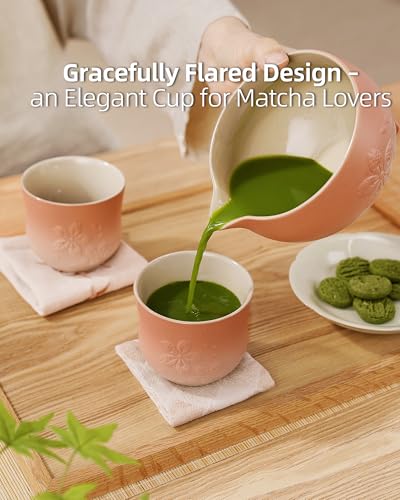 ZENS Pink Sakura Matcha Tea Cups Set of 4 - 210ml Ceramic Japanese Style