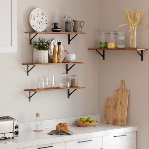 31.5-inch Floating Wall Shelves with Metal Brackets - Set of 2, Rustic Brown