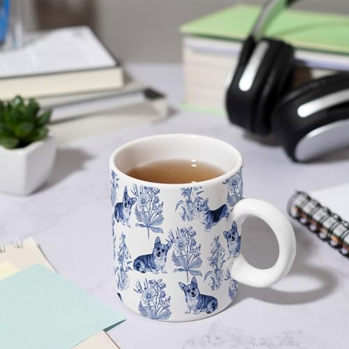 RVEAFA Corgi Coffee Mug 15 oz - Blue French Toile, Gift for Women