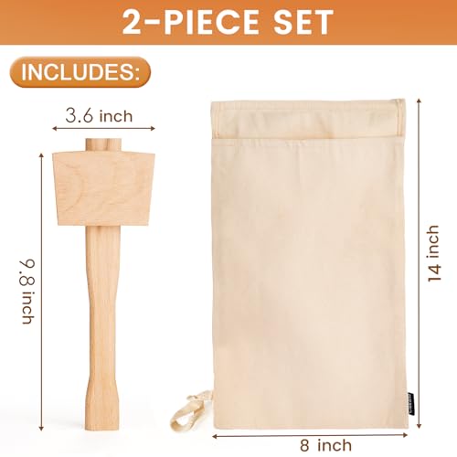 Cakasi Lewis Bag and Ice Mallet Crush Set - Wooden Ice Hammer & Reusable Canvas Bag for Cocktails & Drinks