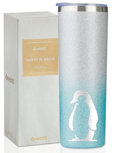 20oz Silver Blue Penguin Tumbler with Lid & Straw - Insulated Stainless Steel Gift