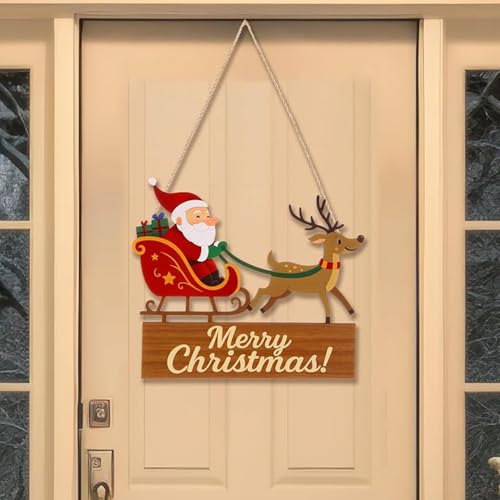 Merry Christmas Door Sign Santa Reindeer Wood Hanger with Burlap Rope