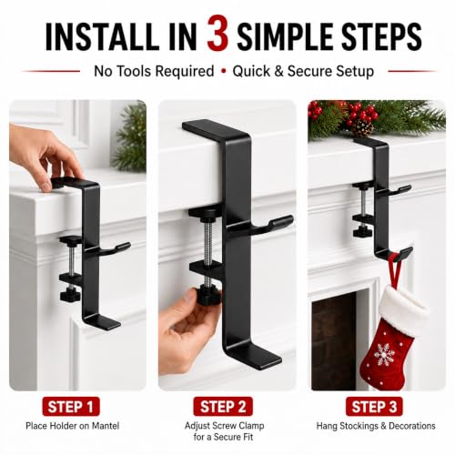 Adjustable Christmas Stocking Holders for Mantle - 4 Pack Black Metal Hooks