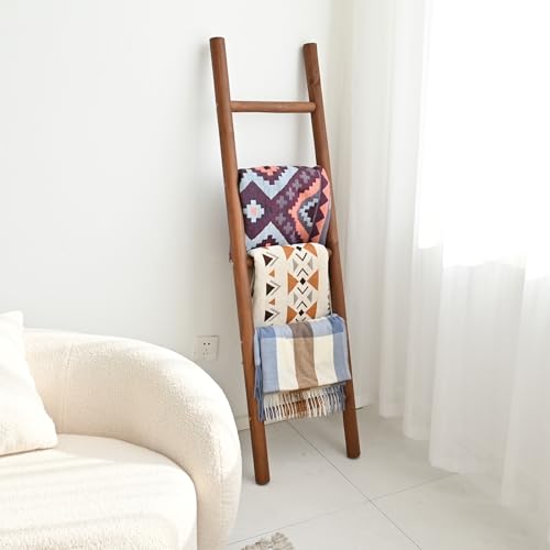57-Inch Rustic Solid Wood Blanket Ladder, Decorative Farmhouse Towel Rack