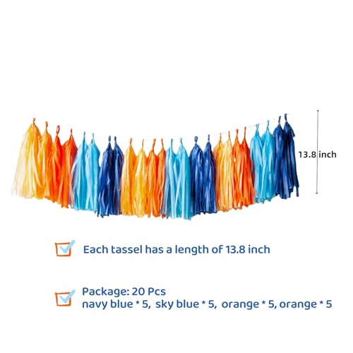 Blue and Orange Tissue Paper Tassel Garland - 20 Piece DIY Party Banner