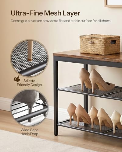 3-Tier Industrial Shoe Bench with Mesh Shelves, 29.5-Inch Entryway Organizer