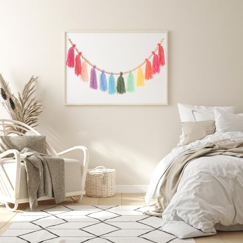 Colorful Tassel Garland with Wood Beads - 43-inch Boho Wall Hanging Decor