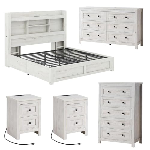 5-Piece Queen Bedroom Furniture Set with Storage Bed and Charging Nightstands