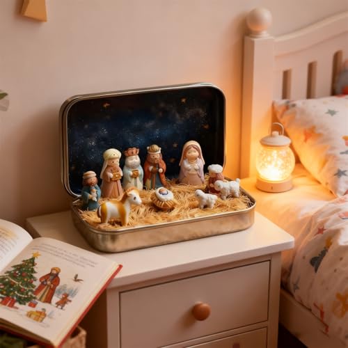 Handcrafted Mini Christmas Nativity Set in Tin Box - Pocket Size Figures