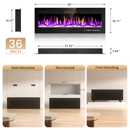 36-Inch Smart Electric Wall Fireplace Heater with WiFi Voice Control