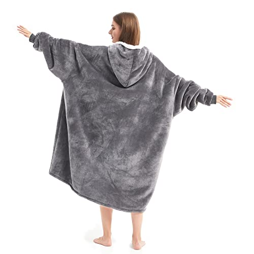 Oversized Wearable Blanket Hoodie with Giant Pet Pouch - Grey Sherpa