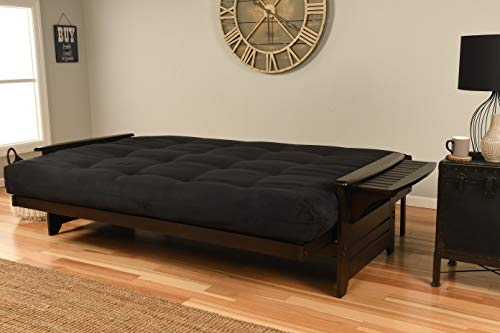 Queen Size Hardwood Futon Sofa Bed with Black Suede Mattress