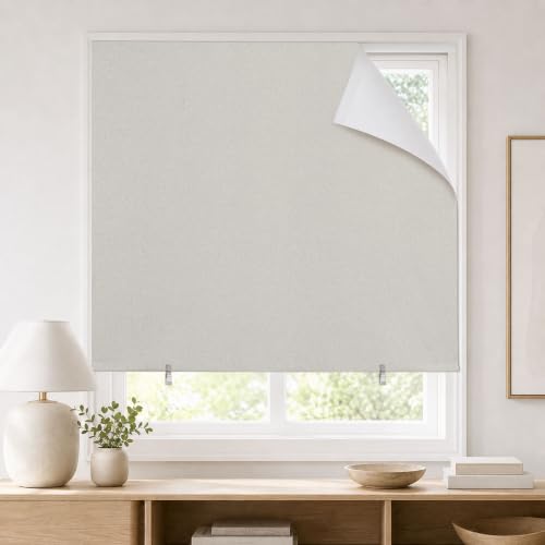 100% Blackout Roller Shades, No-Drill Adhesive Blinds - 35" W x 63" H Light Beige