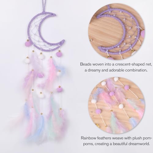 Purple Moon Dream Catcher for Kids Room Wall Decor with Feathers and Pompoms
