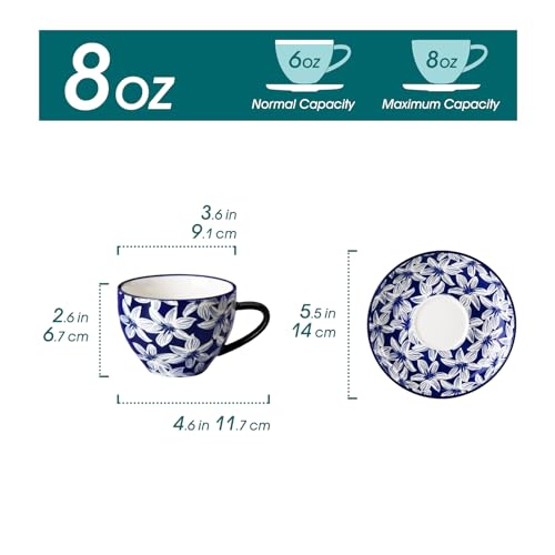 Vancasso 8oz Cappuccino Cups with Saucers Set of 6 - Porcelain Coffee Mug Set