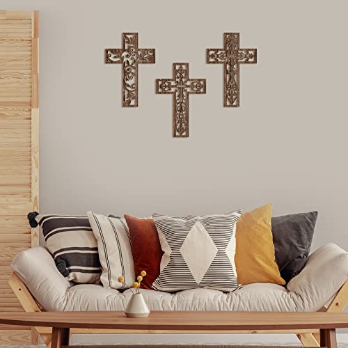 3 Pcs Wooden Cross Wall Decor, 12-Inch Hand-Carved Antique Hanging Cross