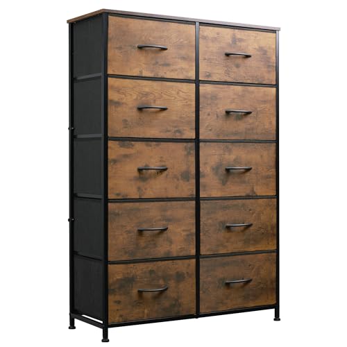 10-Drawer Tall Storage Dresser, Rustic Wood Top Fabric Chest for Bedroom