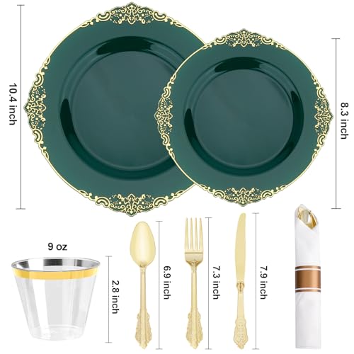 Realluck 350-Piece Green and Gold Disposable Dinnerware Set for 50 Guests - Elegant Tableware for Parties and Events