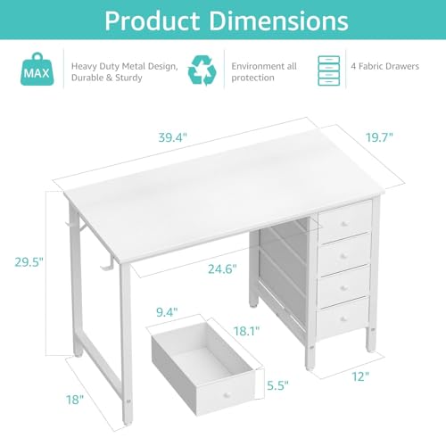Small White Computer Desk with 4 Fabric Drawers, 40-Inch Writing Table