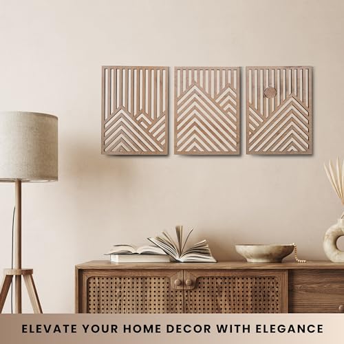 Modern Wooden Wall Sculpture Set - 3-Piece Mountain and Sun Oak Wall Art
