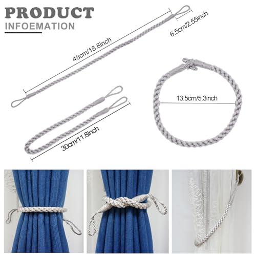 2-Pack Handmade Braided Curtain Tiebacks, Grey Polyester Rope Holdbacks