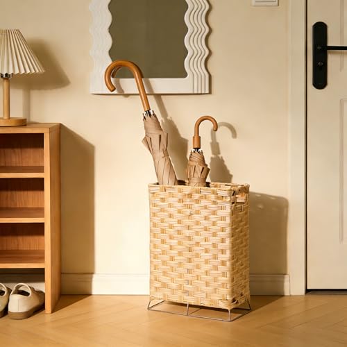 Handwoven Rattan Umbrella Stand with Drip Tray and Hooks