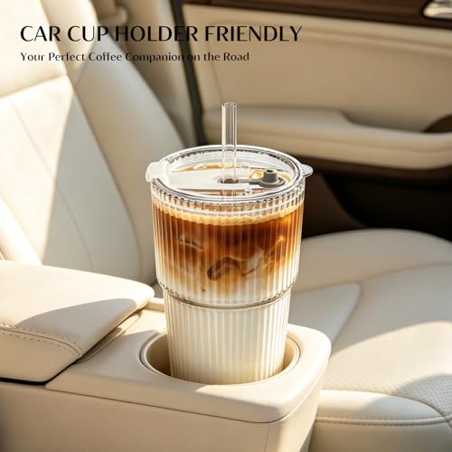 20 oz Ribbed Glass Tumblers with Lids and Straws - 4-Piece Set