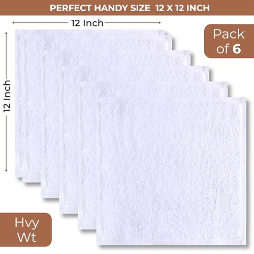 Soft 100% Cotton Washcloths - 12x12 Inch White Terry Towels, 6 Pack