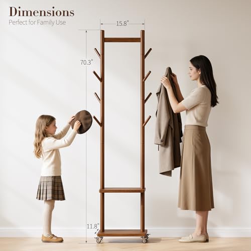 Solid Wood Rolling Coat Rack with 8 Hooks & Shelves, Portable Garment Stand