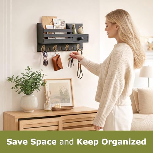 Wall Mount Key and Mail Organizer with 8 Hooks, Drawer, and Shelf