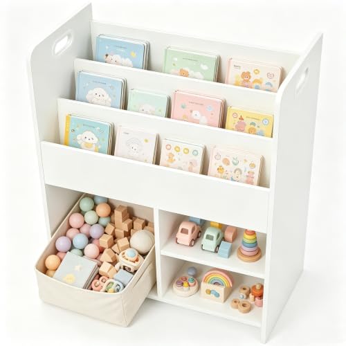 Kids Bookshelf and Toy Organizer, Front-Facing Wooden Storage Rack