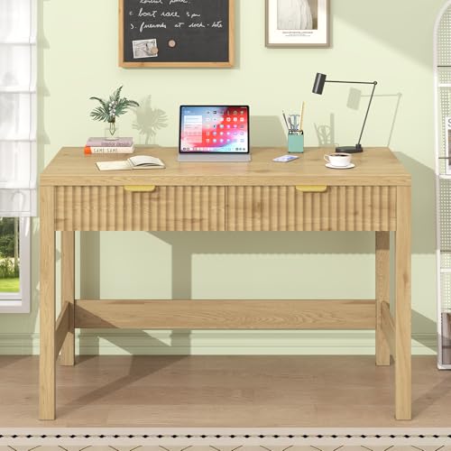 39-Inch Small Fluted Computer Desk with 2 Drawers, Oak Writing Desk