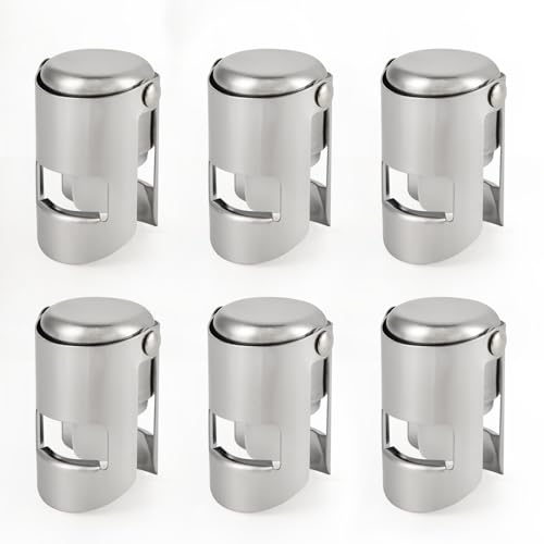 Stainless Steel Champagne Bottle Stoppers - 6 Pack Sparkling Wine Savers
