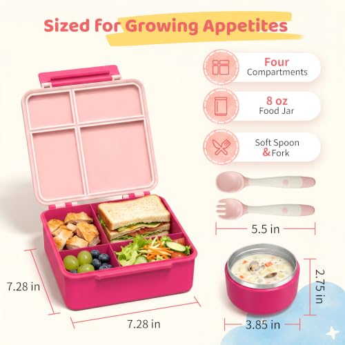 Pawtong Kids Bento Lunch Box with 8oz Soup Thermo and 4 Compartments - Pink