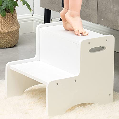 Wooden 2-Step Toddler Stool with Handles & Non-Slip Pads - White
