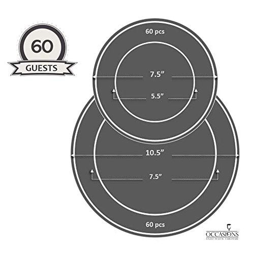 OCCASIONS 120 Plates Pack,(60 Guests) Heavyweight Premium Wedding Party Disposable Plastic Plates Set -60 x 10.5'' Dinner + 60 x 7.5'' Salad/Dessert (White & Rose Gold Rim)
