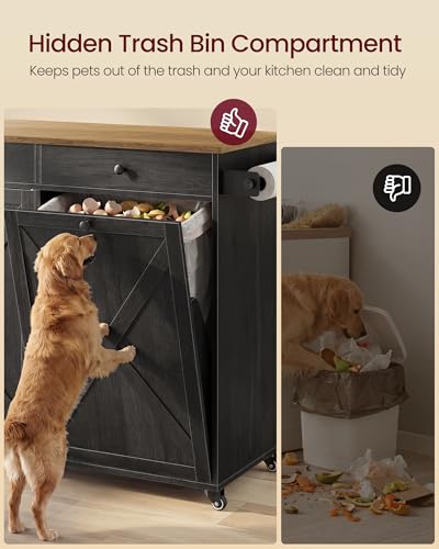 Mobile Kitchen Island Cart with Drop Leaf and Hidden Trash Can Storage