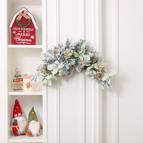 30-Inch Flocked Christmas Swag with Pine Cones & Berries for Door & Wall Decor