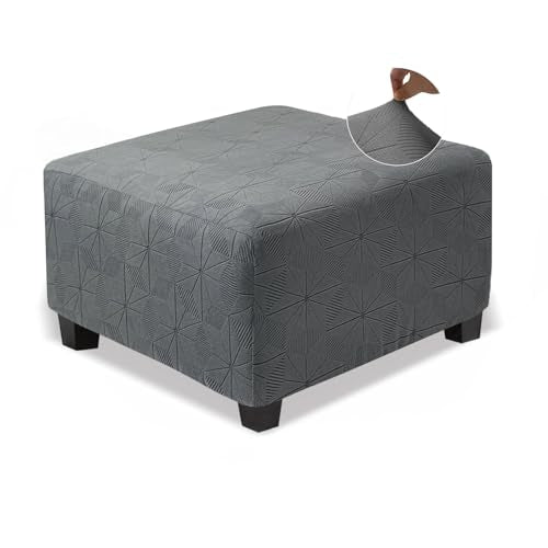 Medium Grey Stretch Jacquard Ottoman Cover - Soft Slipcover for Square Ottomans