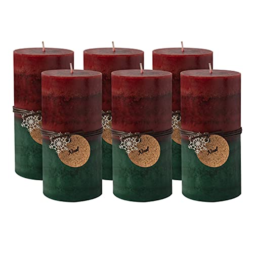 Christmas Candles Set - Red Green Ombre Pillar Candles 6 Pack - 6 Inches