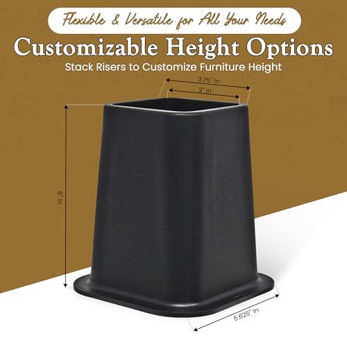6-Inch Heavy Duty Bed Risers - Set of 4 Black Stackable Furniture Lifts
