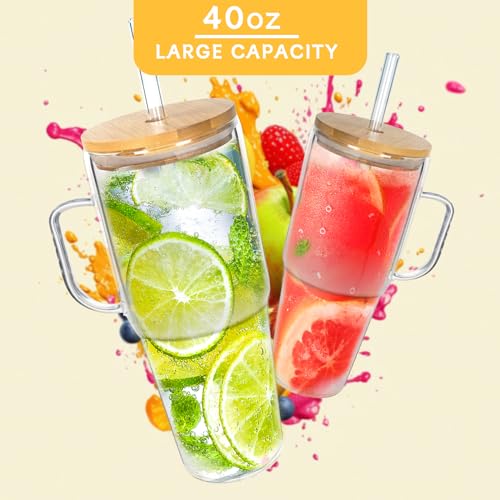 40 Oz Glass Tumbler with Handle, Bamboo Lid and Glass Straw