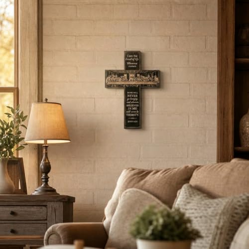 12-Inch Wooden Cross Wall Decor - Christian Last Supper Art with Adhesive
