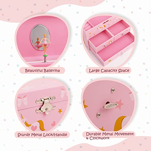 Pink Musical Jewelry Box for Girls - Unicorn & Ballerina Spinner, 3 Drawers, Gift Ready
