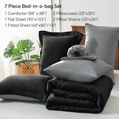 Queen Comforter Set 7-Piece - Reversible Black Bed in a Bag All Season
