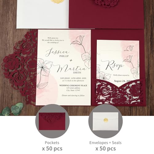 Laser Cut Wedding Invitation Pockets, 5x7 Burgundy Card Holders (50 Pack)
